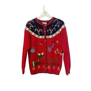 SKYR Vintage Holiday Cardigan Sweater Embroidered Red Women’s Size L